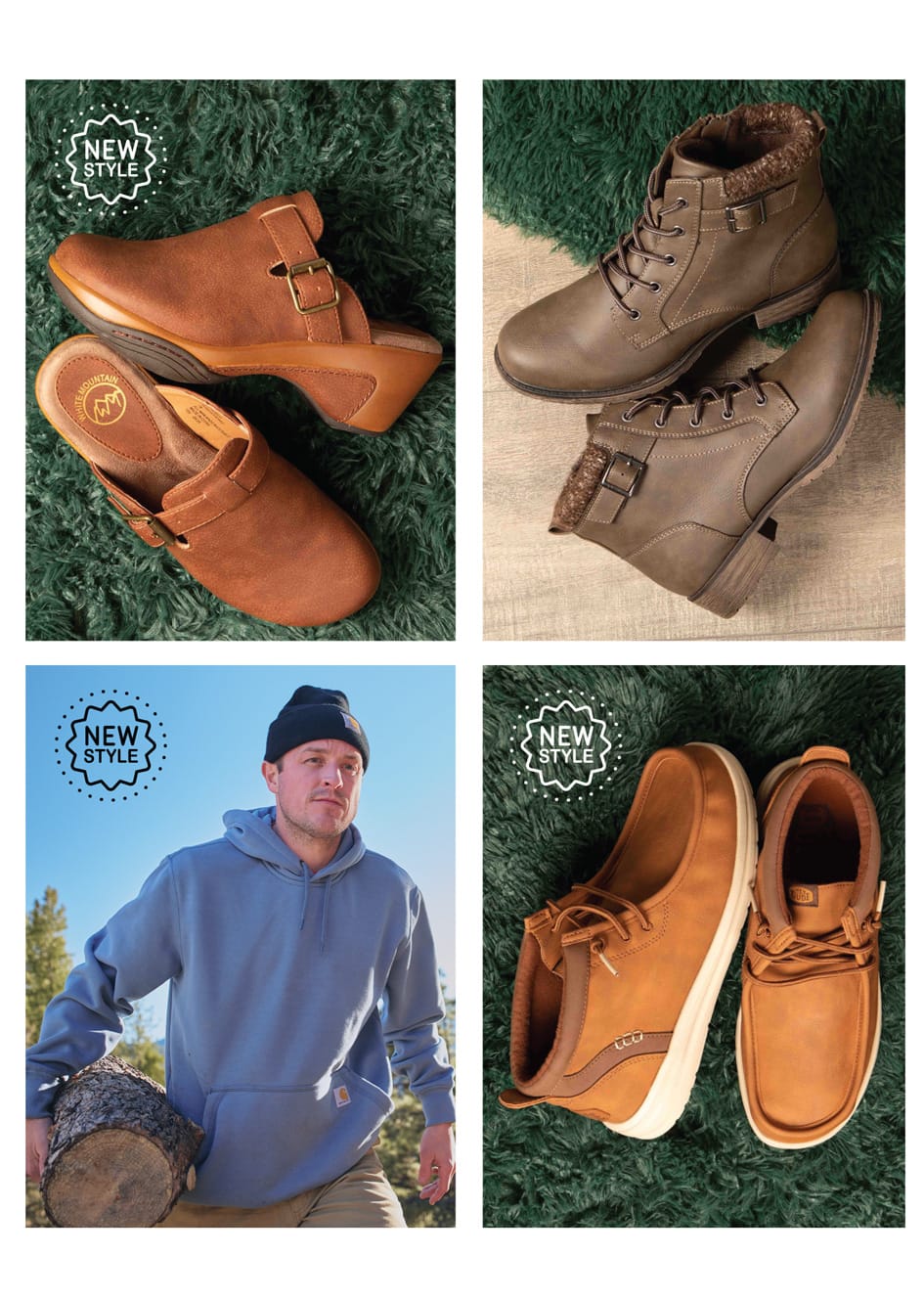 New Style. Featured styles:  Tan White Mountain Viewed clog style W36033-930, brown Sporto LALA Boot style LALA-STONE, blue Carhartt sweatshirt style 100615-HG7, Tan Hey Dude Wally moc toe boot style 42051-2DU